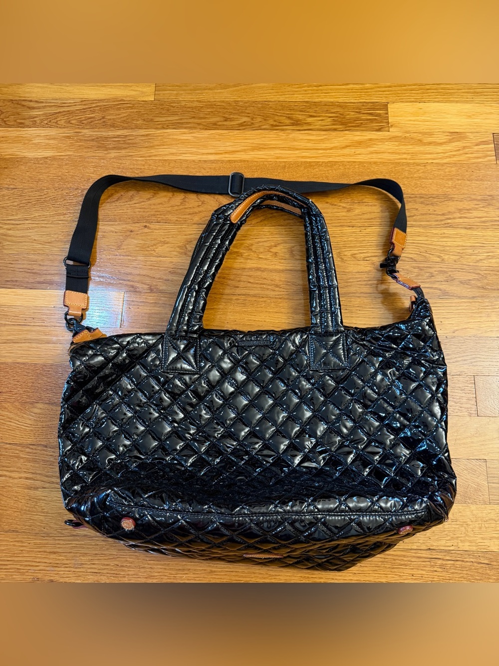 MZ Wallace Patent Leather Quilted Tote in Black Handles and Shoulder Strap